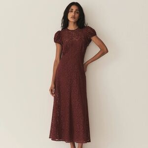 NWT Doen Katarina Lace Short Puff Sleeve A Line Maxi Dress Black Cherry Burgundy